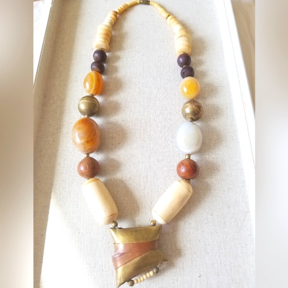 VINTAGE | Necklace | Ivory, Brass, Natural Stone